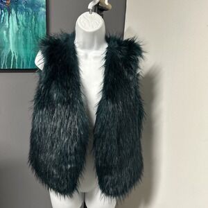Kenneth Cole Women's Large Green Shaggy Faux Fur Vest Hippie Boho Grunge Goth